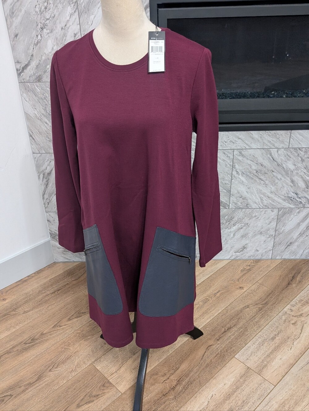 BCBGMaxAzria Burgundy Long Sleeve Tunic Dress with Gray Pocket Panels